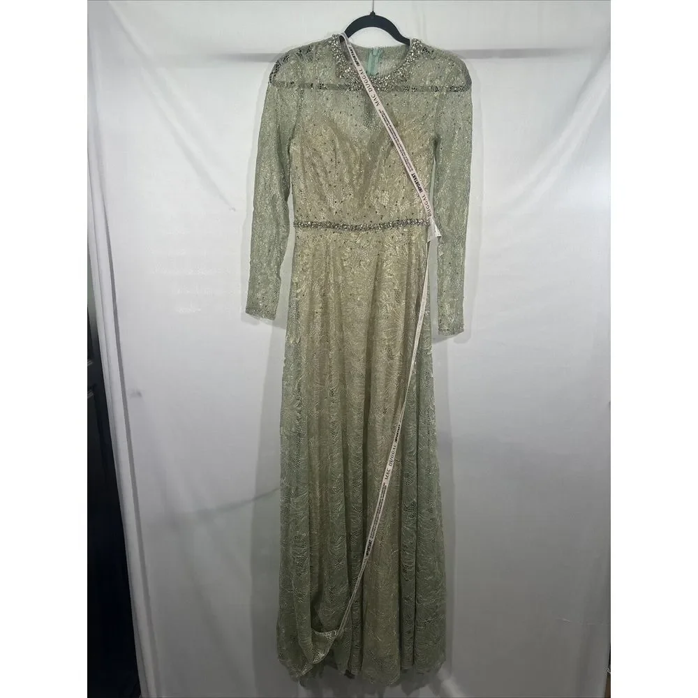 NWD Mac Duggal [ 2 ] 491881 Jeweled Long Sleeve Floral Lace Gown Sage Gold Q1023
